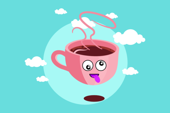 A Coffee Cup Character Embroidered Into a Friendly Cloud